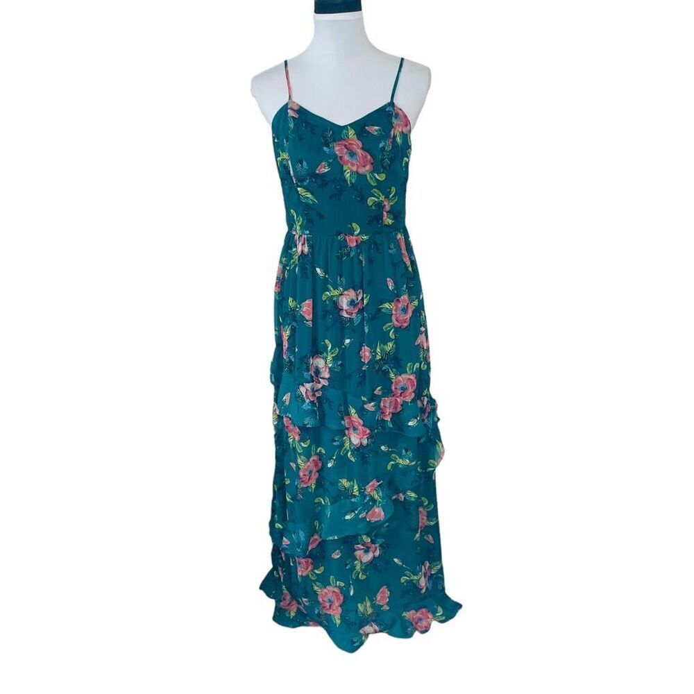 Xhileration Floral Tiered Maxi Dress Emerald Green Size Medium